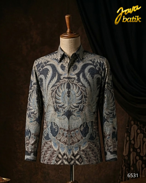Kemeja Sutra Tulis Abu Burung Ekor Panjang CB093D