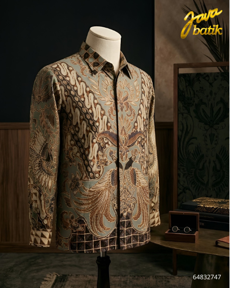 Kemeja Sutra Prada Tulis Biru Burung Parang Kotak CB058C