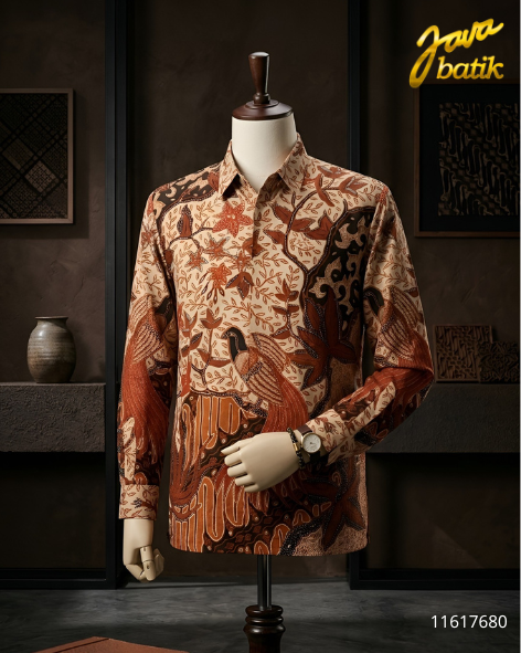 Kemeja Sutra Tulis Krem Burung Ekor Merah CB058D