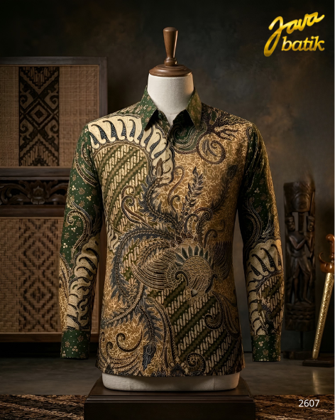 Kemeja Dobby Cap Krem Hijau Tepi Burung B097