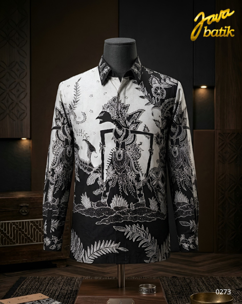 Kemeja Sutra Tulis Hitam Putih Wayang TA015B