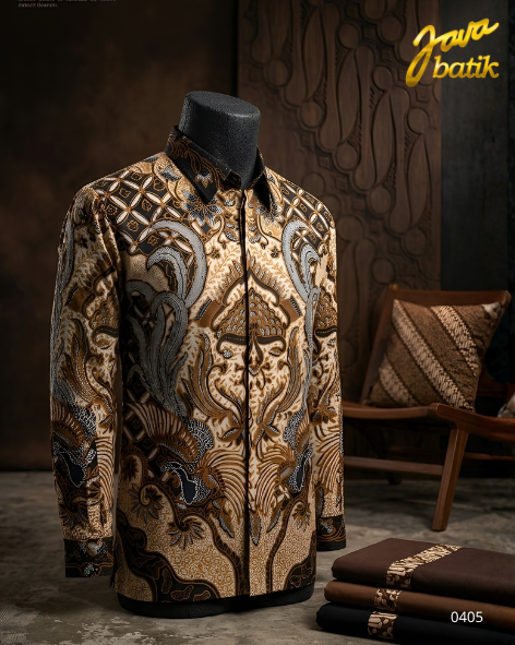 Kemeja Sutra Tulis Krem Burung Biru TA015E